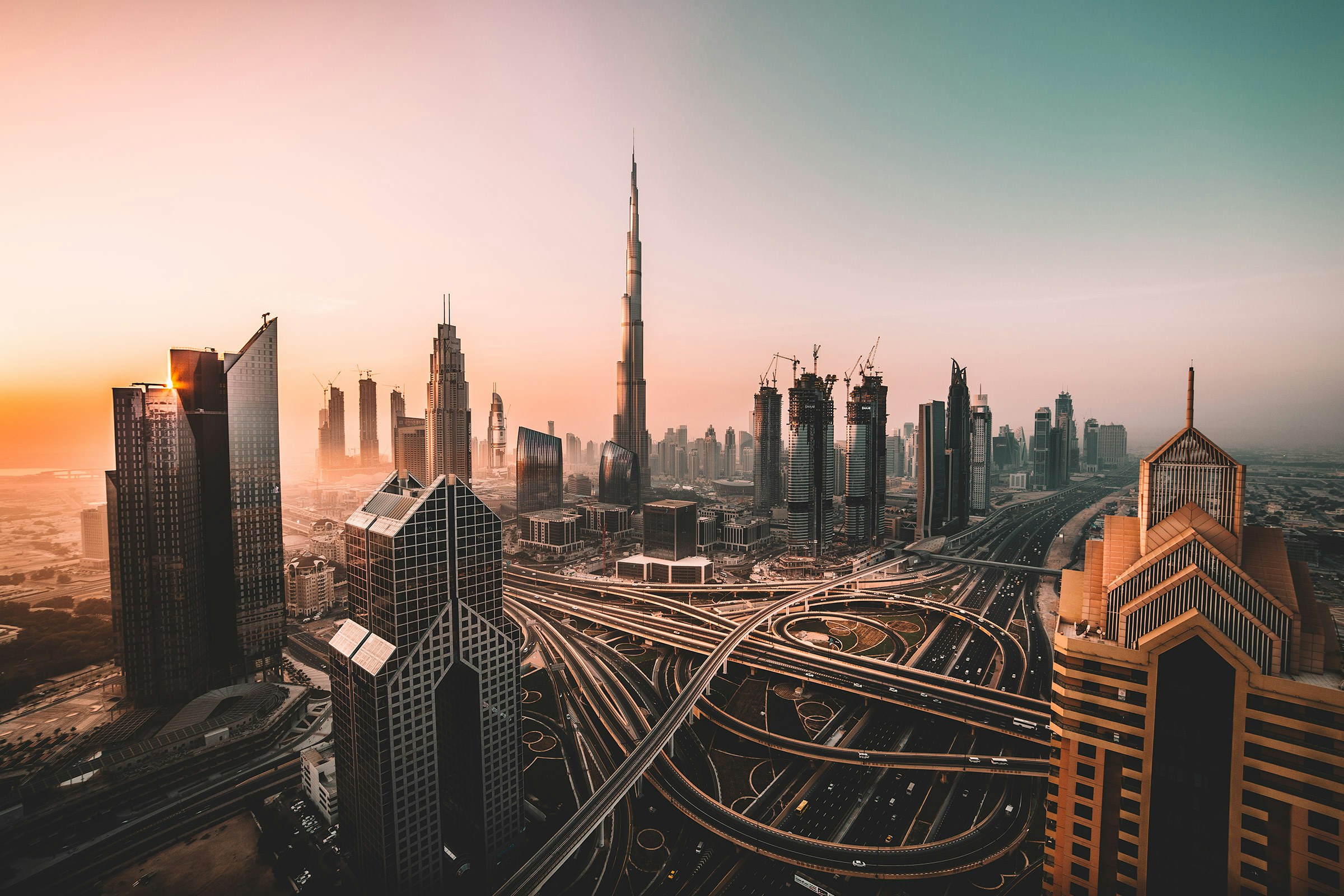 Downtown Dubai skyline at golden hour